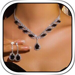 Bridal Jewelry Set Black Wedding Rhinestone Necklace Sets for Women